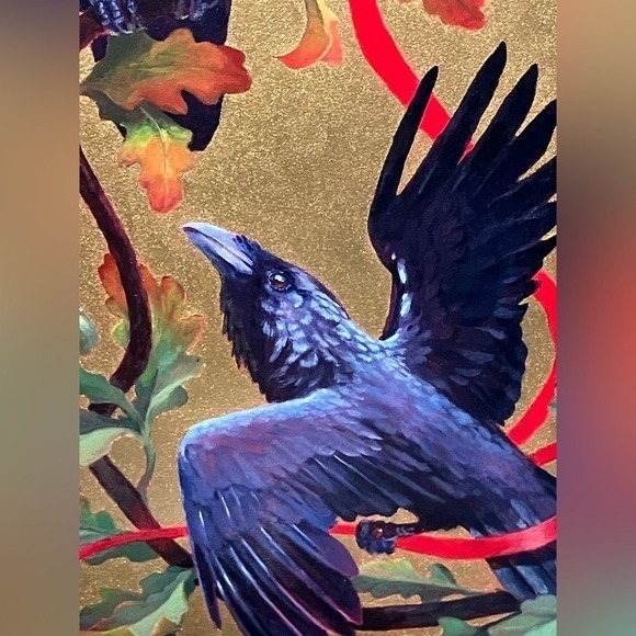 Artettina Other - ORIGINAL Ravens crow painting Butterfly art Oak Leaves Gold accent nature